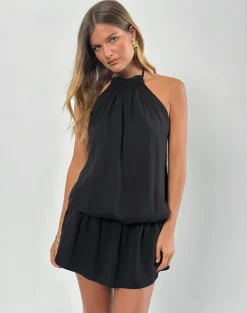 Veloria Halterneck Mini Dress in Black Chiffon with Lining