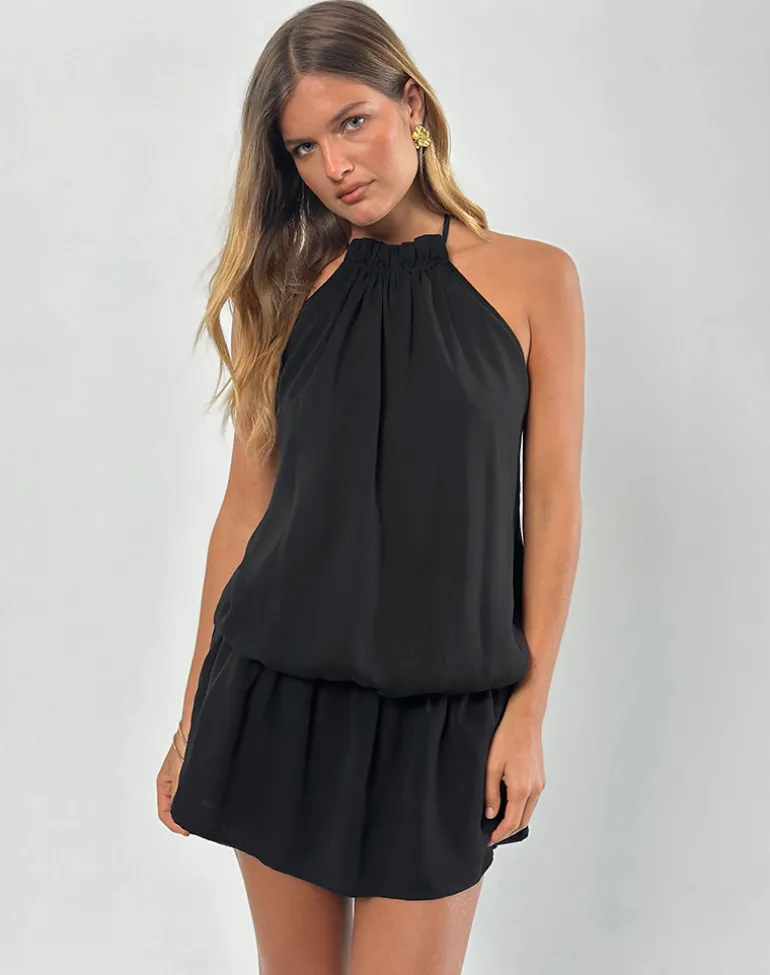 Veloria Halterneck Mini Dress in Black Chiffon with Lining