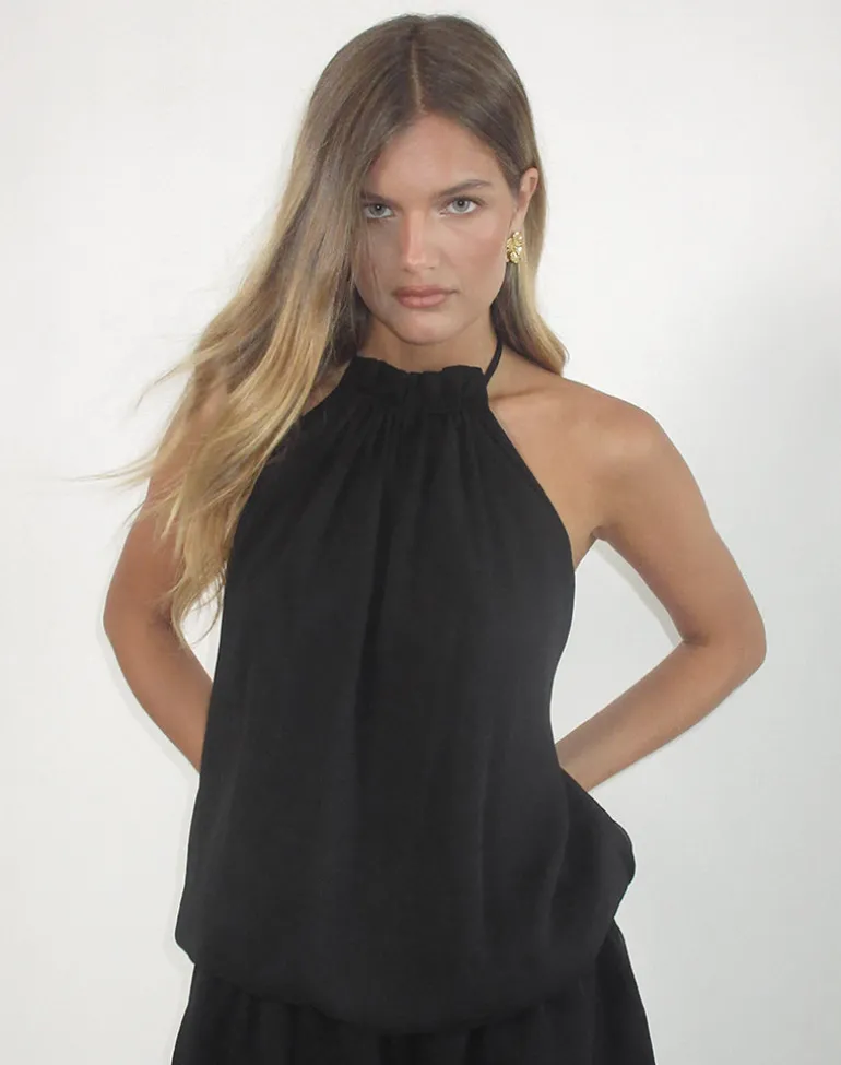 Veloria Halterneck Mini Dress in Black Chiffon with Lining
