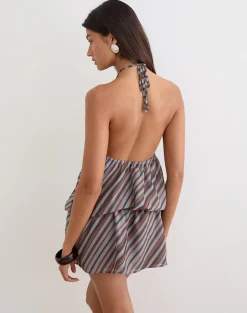 Veloria Halterneck Mini Dress in Chiffon Grey and Maroon Diagonal Stripe