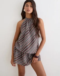 Veloria Halterneck Mini Dress in Chiffon Grey and Maroon Diagonal Stripe
