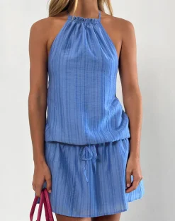 Veloria Halterneck Mini Dress in Blue Chiffon Painted Stripe
