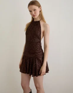 Veloria Mini Dress in Drape Sequin Brown