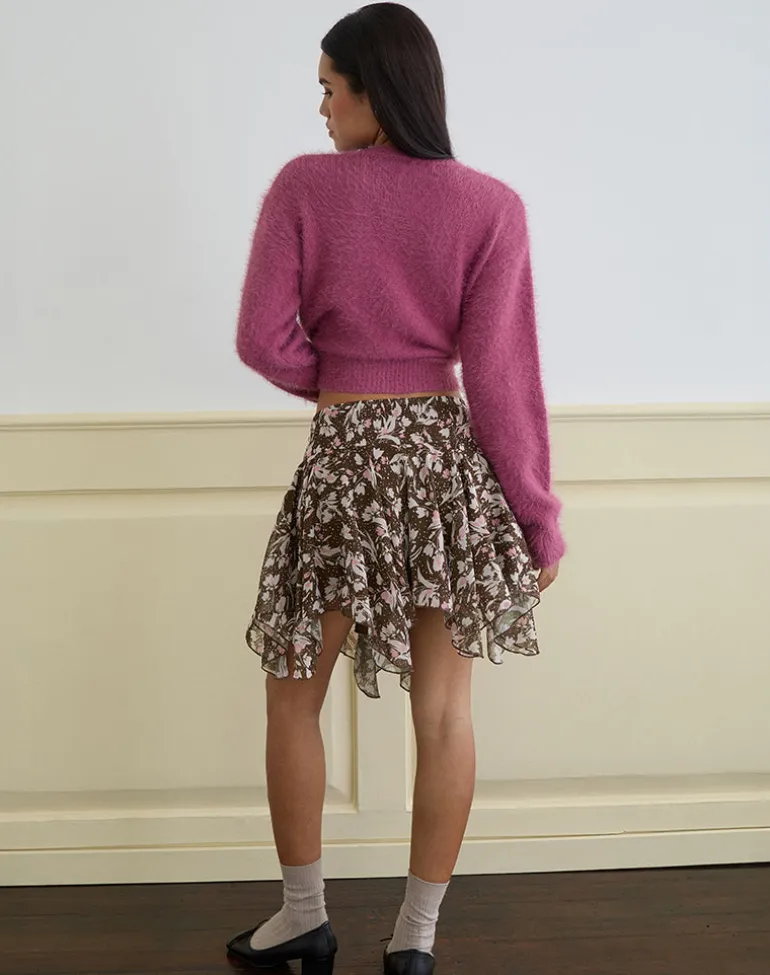 Veny Mini Skirt in Brown and Pink Polka Flower Chiffon