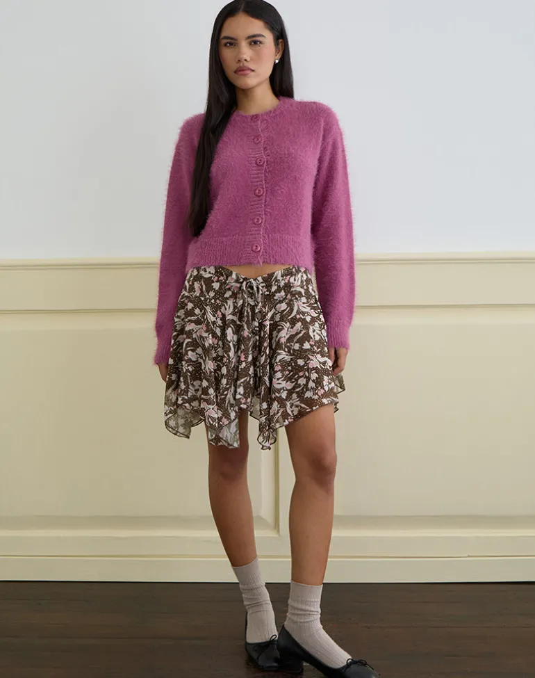Veny Mini Skirt in Brown and Pink Polka Flower Chiffon