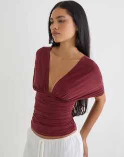 Vernia Plunge Batwing Top in Cupro Burgundy
