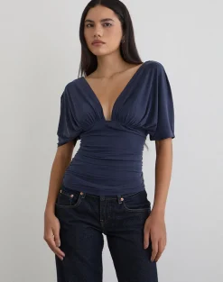 Vernia Plunge Batwing Top in Cupro Navy