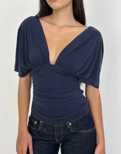 Vernia Plunge Batwing Top in Cupro Navy