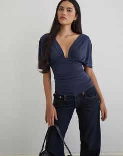 Vernia Plunge Batwing Top in Cupro Navy