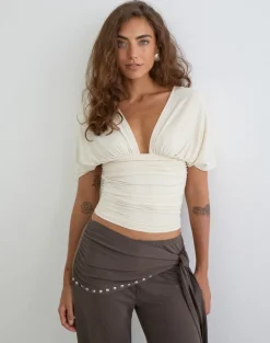 Vernia Plunge Batwing Top in Cupro Cream