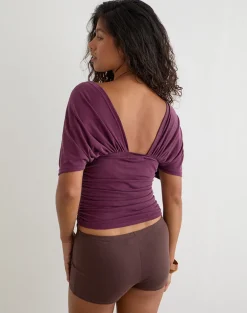 Vernia Plunge Batwing Top in Cupro Dark Plum