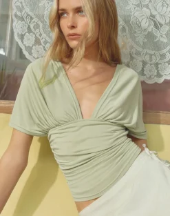 Vernia Plunge Batwing Top in Cupro Pistachio