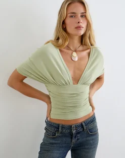 Vernia Plunge Batwing Top in Cupro Pistachio