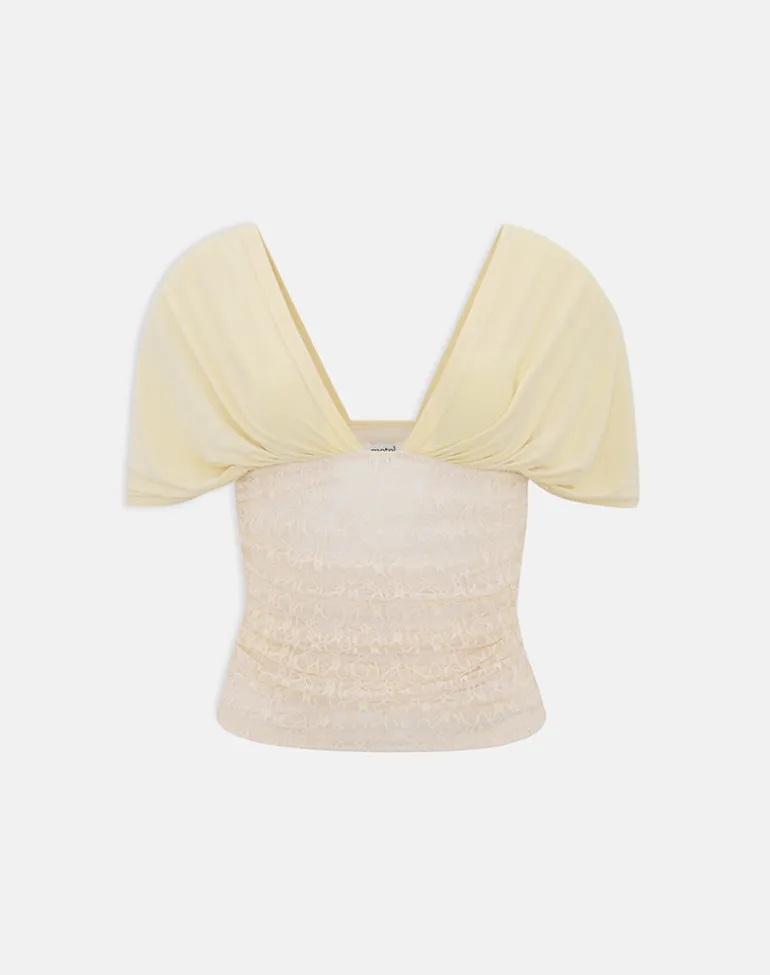 Vernia Plunge Batwing Top in Cupro Yellow with Lace Waist