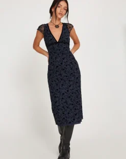 Vilinia Midi Dress in Pretty Petal Flock Black