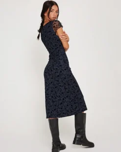 Vilinia Midi Dress in Pretty Petal Flock Black