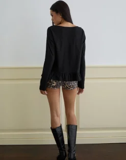 Vivala Boxy Long Sleeve Top in Black with Frill Hem