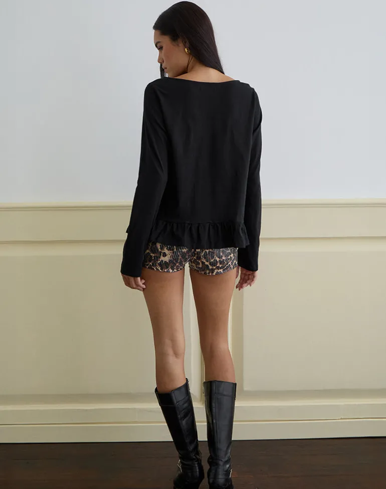Vivala Boxy Long Sleeve Top in Black with Frill Hem