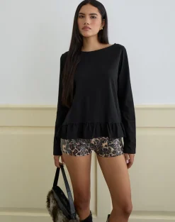 Vivala Boxy Long Sleeve Top in Black with Frill Hem