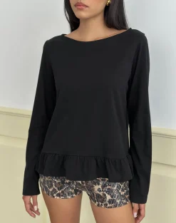 Vivala Boxy Long Sleeve Top in Black with Frill Hem