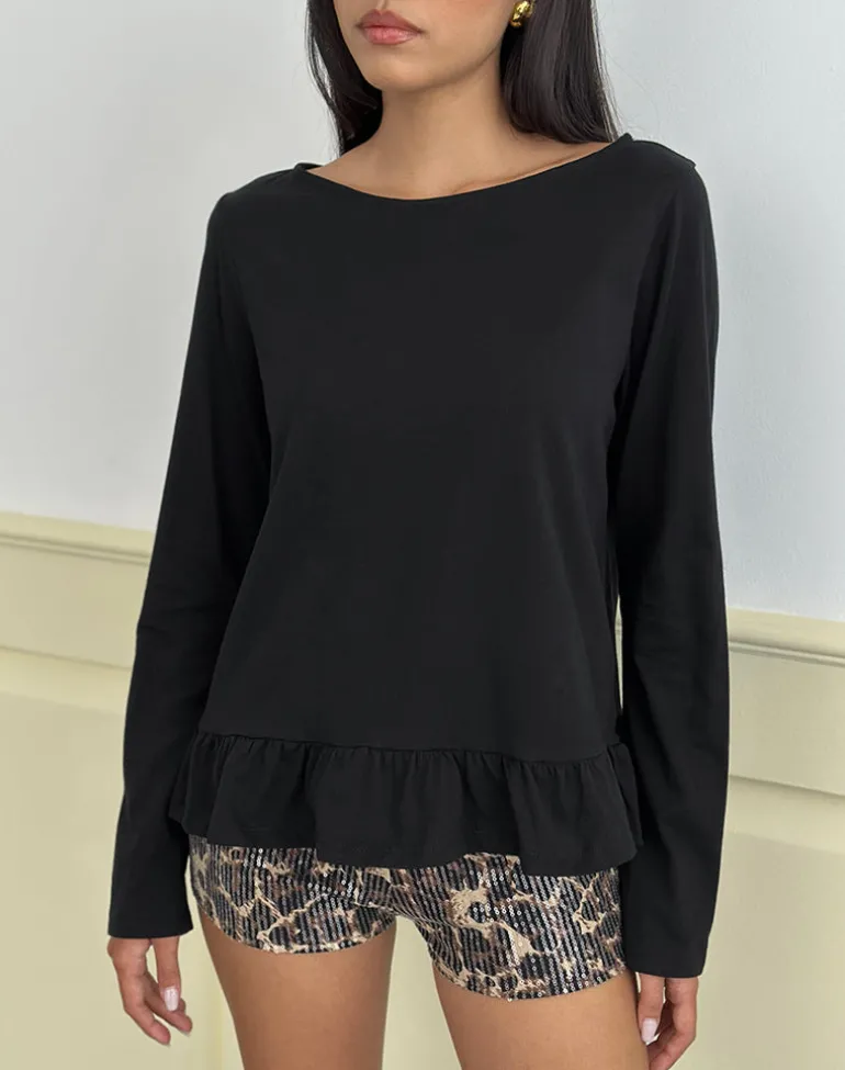 Vivala Boxy Long Sleeve Top in Black with Frill Hem
