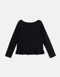 Vivala Boxy Long Sleeve Top in Black with Frill Hem