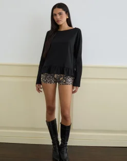 Vivala Boxy Long Sleeve Top in Black with Frill Hem