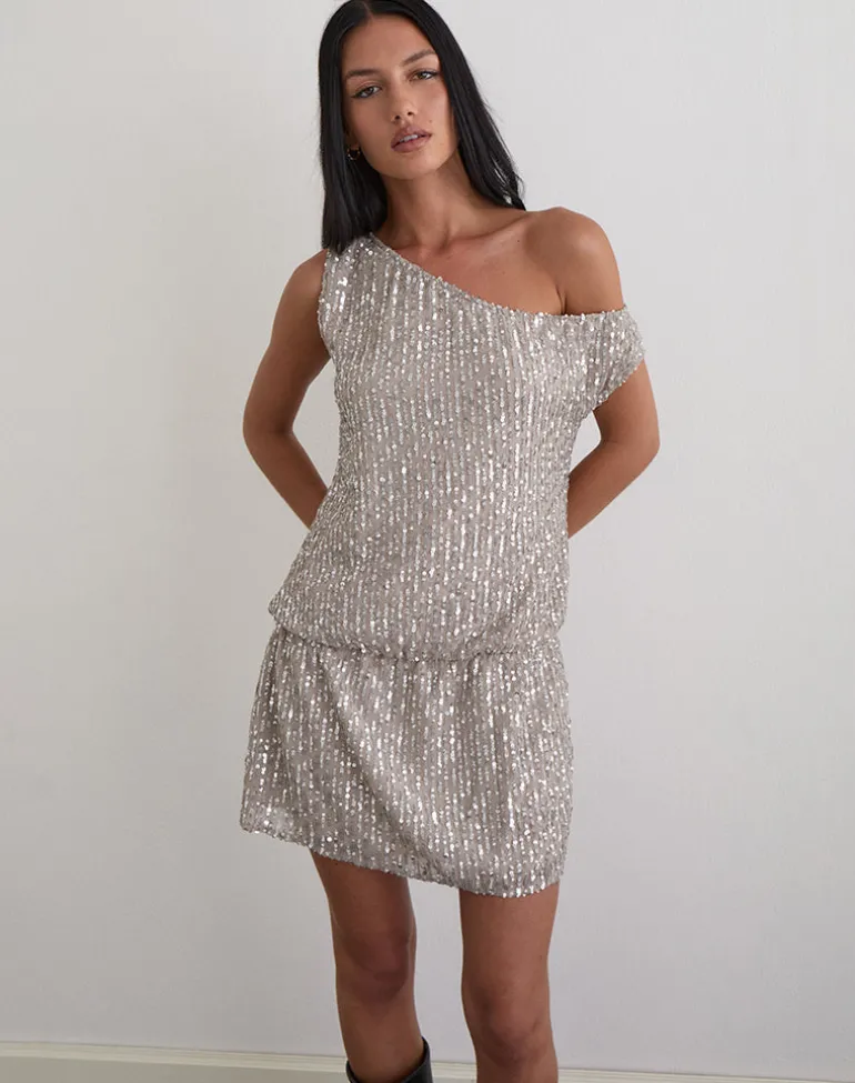 Vora One Shoulder Mini Dress in Sequin Nude