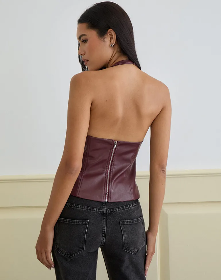 Wahya Lace Up Halter Top in PU Plum