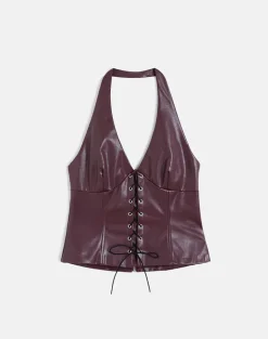 Wahya Lace Up Halter Top in PU Plum