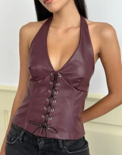 Wahya Lace Up Halter Top in PU Plum