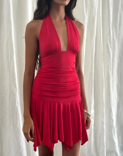 Winslet Plunge Mini Dress in Slinky Red