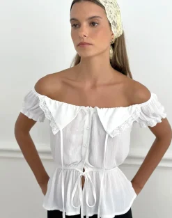 Wujala Bardot Tie Waist Top in Rayon White