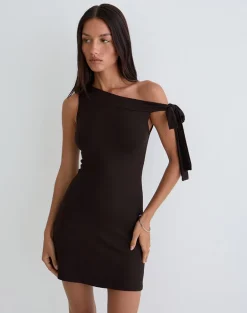 Xeenia One Shoulder Mini Dress in Chocolate Brown