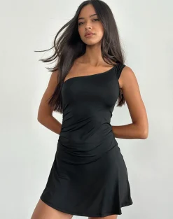 Xowen One Shoulder Dress in Slinky Black