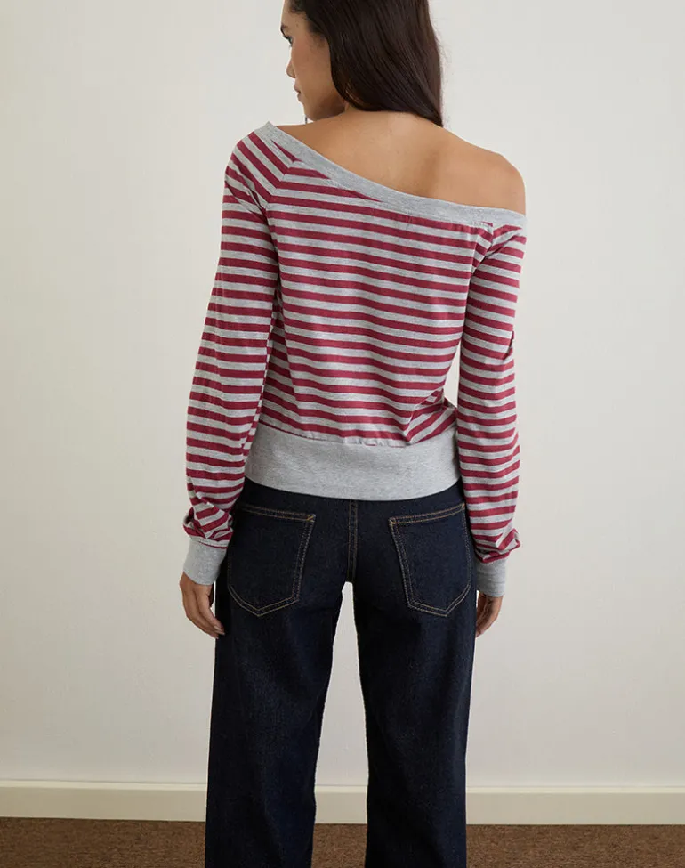 Yacin Slouchy Top in Grey and Burgundy Stripe
