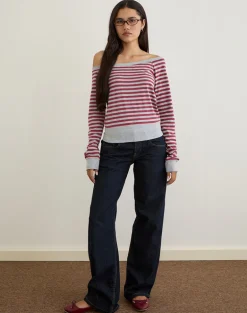 Yacin Slouchy Top in Grey and Burgundy Stripe