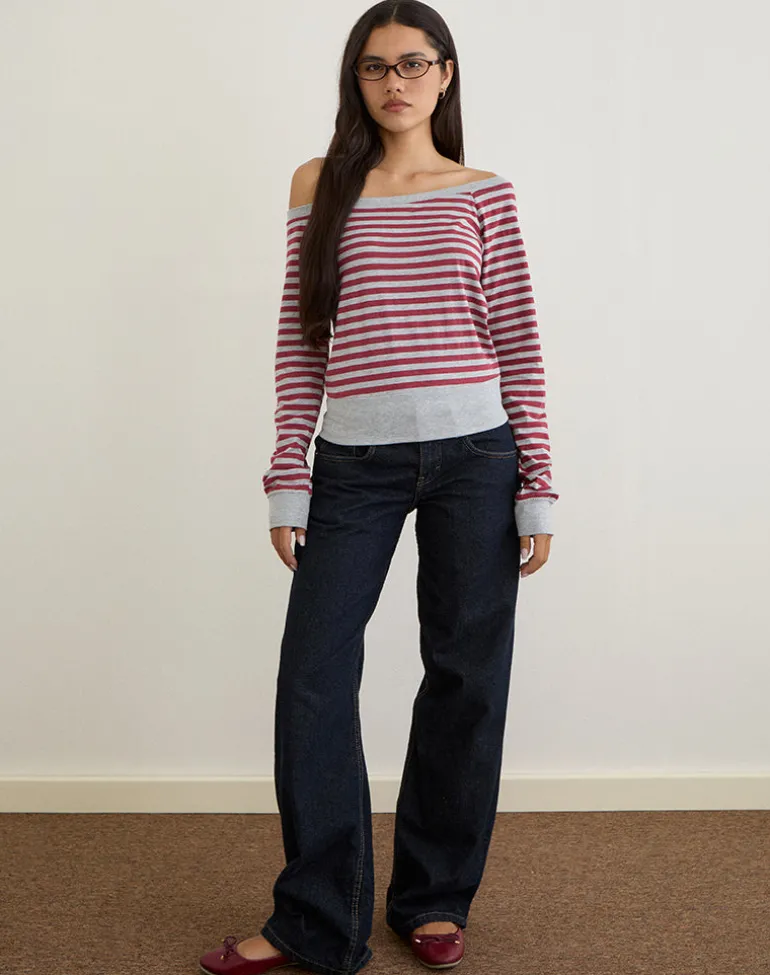 Yacin Slouchy Top in Grey and Burgundy Stripe