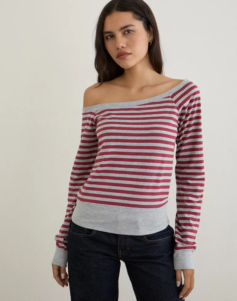 Yacin Slouchy Top in Grey and Burgundy Stripe