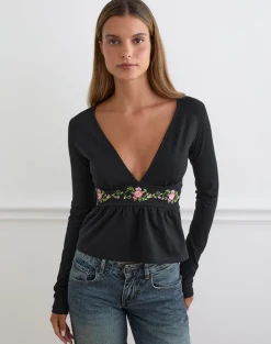 Yahop Top in Black with Swirly Floral Embroidery