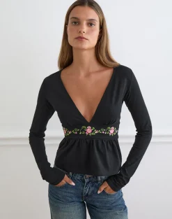 Yahop Top in Black with Swirly Floral Embroidery