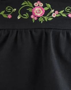 Yahop Top in Black with Swirly Floral Embroidery