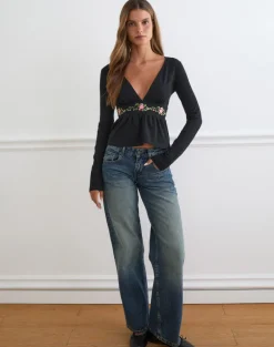 Yahop Top in Black with Swirly Floral Embroidery
