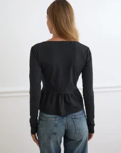 Yahop Top in Black with Swirly Floral Embroidery