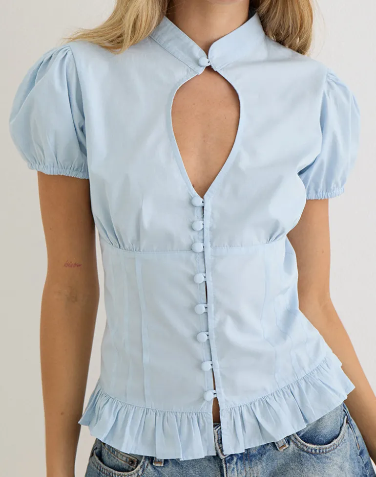 Yamila Puff Sleeve Keyhole Blouse in Ice Blue