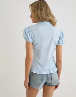 Yamila Puff Sleeve Keyhole Blouse in Ice Blue