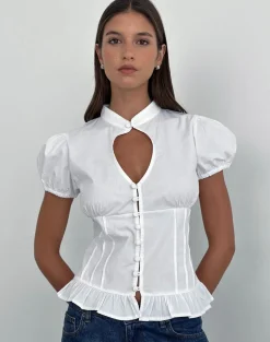 Yamila Puff Sleeve Keyhole Blouse in White