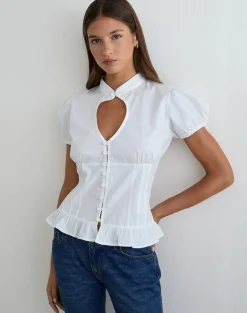 Yamila Puff Sleeve Keyhole Blouse in White