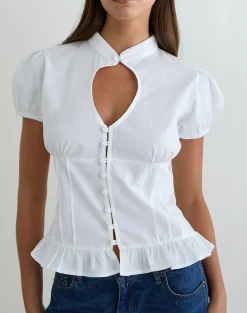Yamila Puff Sleeve Keyhole Blouse in White