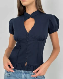 Yamila Puff Sleeve Keyhole Blouse in Dark Navy
